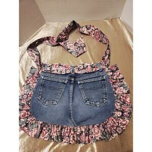 Denim Cottage Apron Floral Ruffle and Ties Vintage Inspired Farmhouse cottage